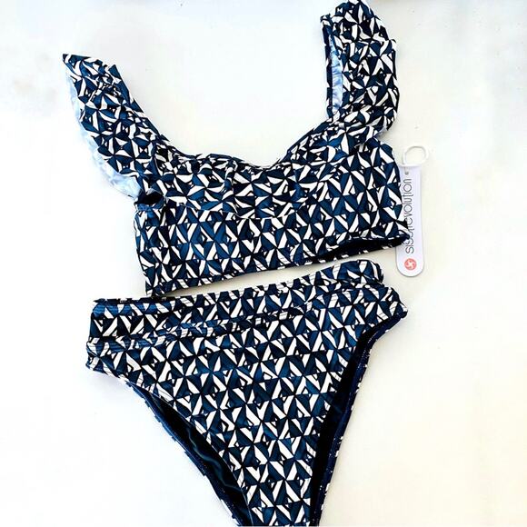 NEW SISSTREVOLUTION ANTHROPOLOGIE Black White Navy Ruffle Top High Rise Bikini S - Picture 1 of 9